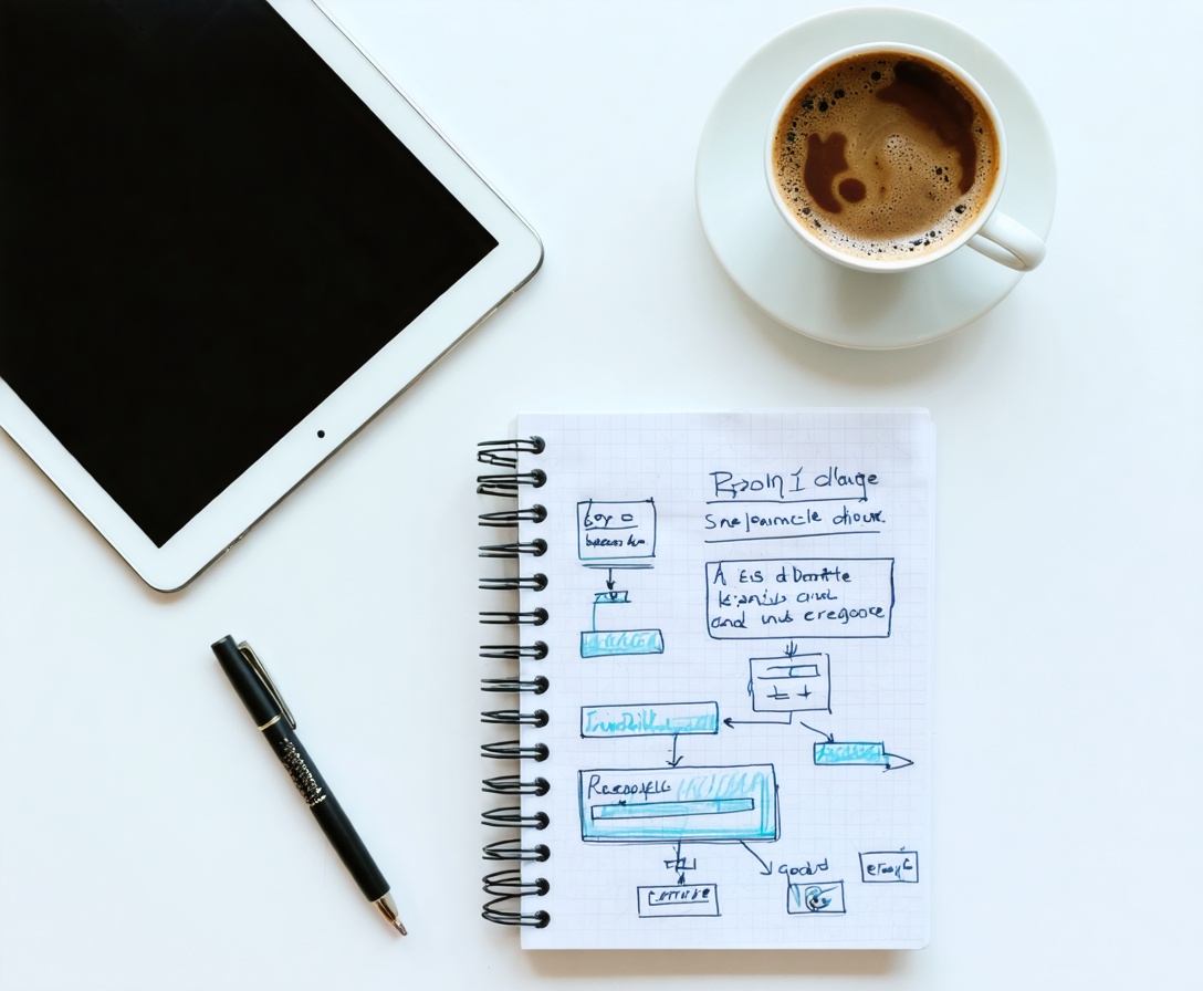 Блокнот с диаграммами кода и планшет