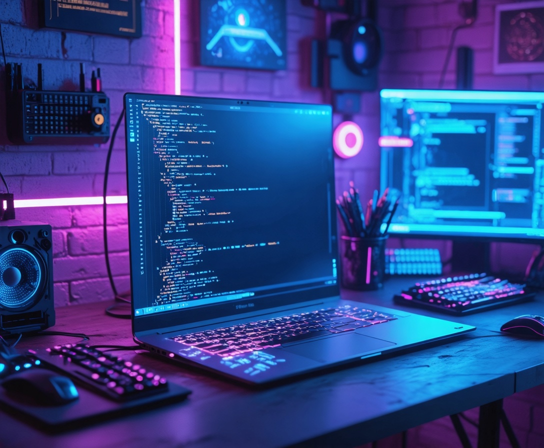 Современное рабочее место программиста с ноутбуком и кодом на экране