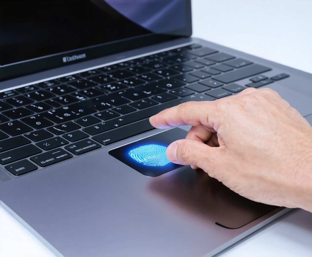 Биометрический сканер отпечатков пальцев на ноутбуке для безопасности платежей