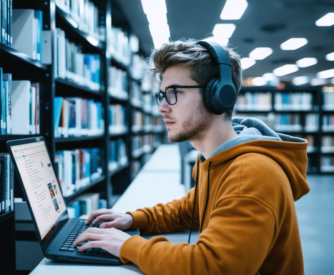 Студент работает над сложным веб-приложением в наушниках